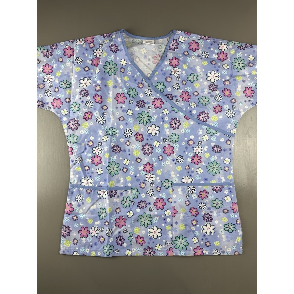 RMF Women's  Scrub Top Cross Over Shady Daisy Design XL Floral Print Multicolor